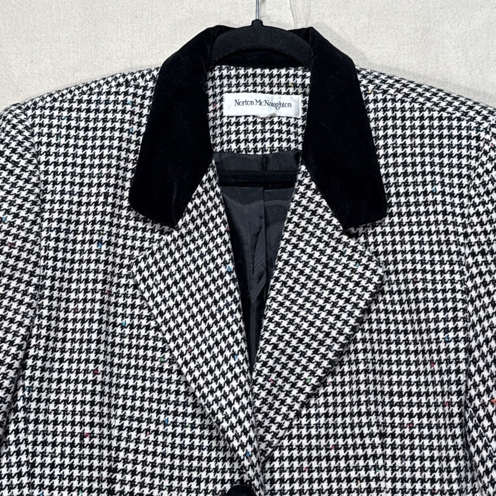 Norton McNaughton Hounds Tooth Wool Womens Blazer Velvet Collar Sz 40